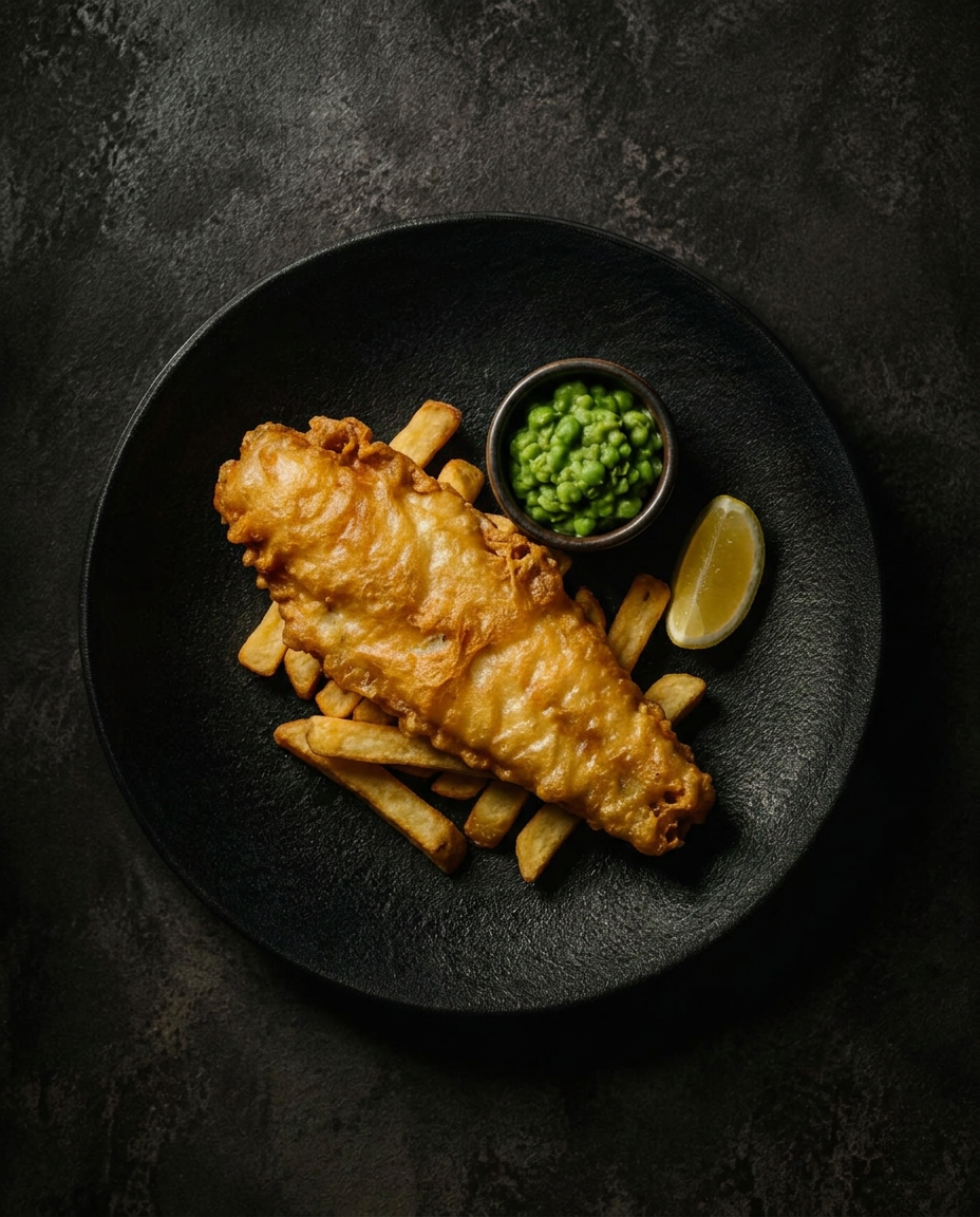 Fish and chips on a black plate